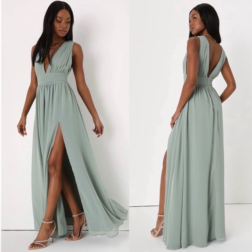 Lulu's Sage Green Maxi Dress with Plunging V-Neck & High Slit